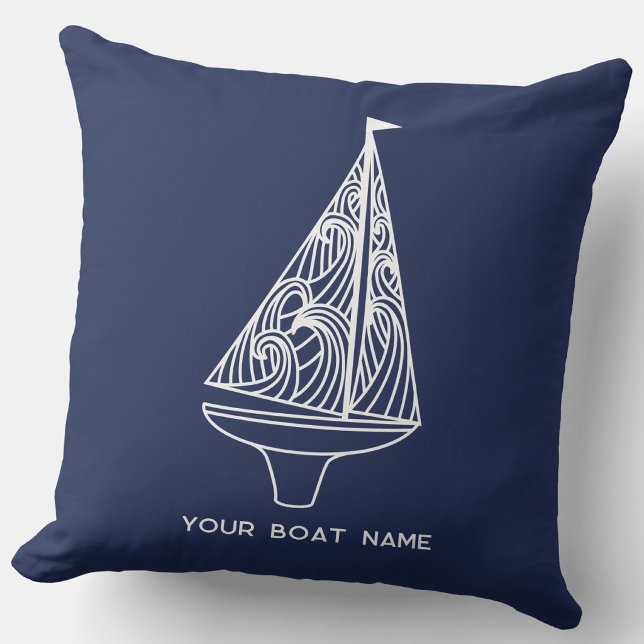 Segelboot Name Nautical Navy Blue Kissen (Your boat name custom text sailing boat yacht navy blue outdoor throw pillow)