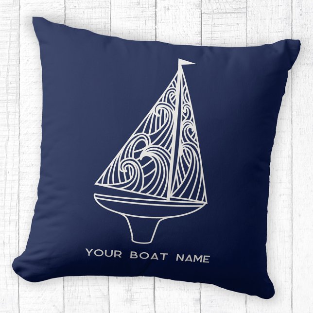 Segelboot Name Nautical Navy Blue Kissen (Your boat name custom text sailing boat yacht navy blue throw pillow)