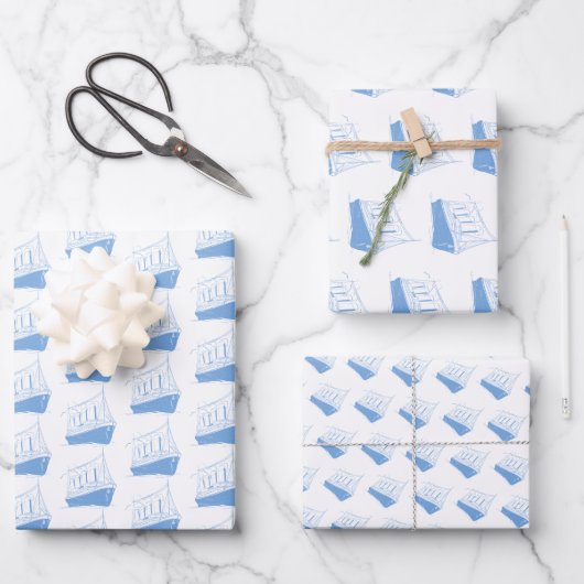 Segelboot Nautic Blue and White Ship Geschenkpapier Set (Vorderseite)