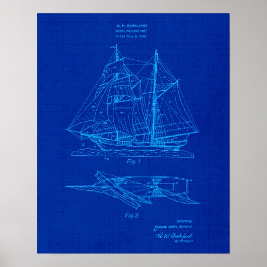 Segelboot Nr. 2 Patent Blueprint Coastal Thema Kun Poster (Vorne)