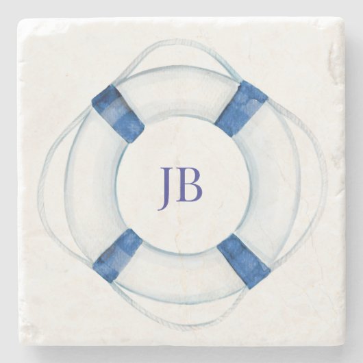 Segelboot Rettungsring Mit Monogramm Steinuntersetzer (Vorderseite)