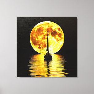 Segelboot-Silhouette vor einem Vollmond Leinwanddruck