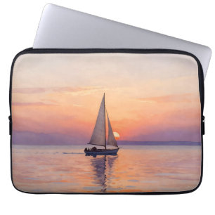 Segelboot-Sonnenuntergang-Aquarell-Seelandschaft Laptopschutzhülle