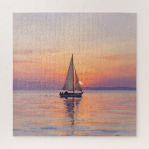 Segelboot-Sonnenuntergang-Aquarell-Seelandschaft Puzzle