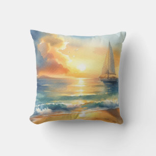 Segelboot Sonnenuntergang Ozean Aquarelle Kissen