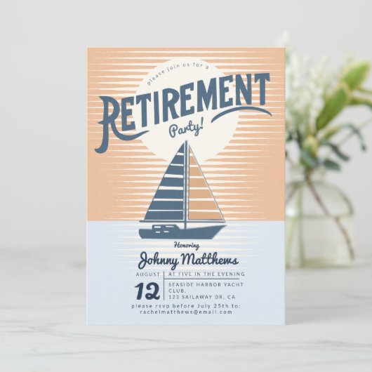 Segelboot-Sonnenuntergang Pensionierung Party Einladung (Stehend Vorderseite)