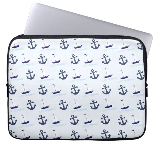 Segelboot und Anchor Muster Blau Laptopschutzhülle (Vorderseite)