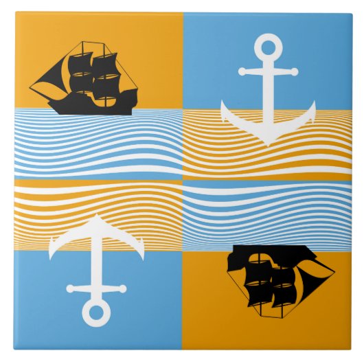 Segelboot und Ankermuster Fliese (Vorderseite)
