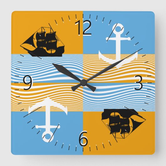 Segelboot und Ankermuster Quadratische Wanduhr (Vorderseite)
