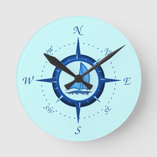 Segelboot und Compass-Rose Runde Wanduhr (Vorderseite)