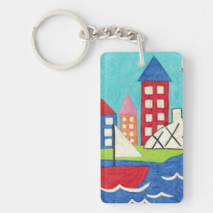 Segelboot-und Heißluft-Ballon mit Stadtbild Schlüsselanhänger