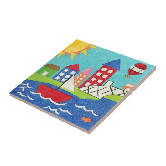 Segelboot und Heißluftballon mit Stadtbild Fliese (Seite)