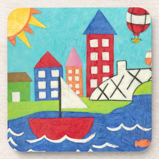 Segelboot und Heißluftballon mit Stadtbild Getränkeuntersetzer (Vorderseite)