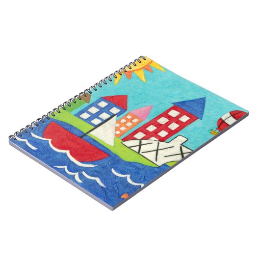 Segelboot und Heißluftballon mit Stadtbild Notizblock (Linke Seite)