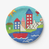 Segelboot und Heißluftballon mit Stadtbild Pappteller (Vorderseite)