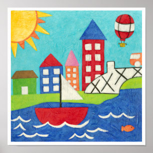 Segelboot und Heißluftballon mit Stadtbild Poster