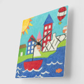 Segelboot und Heißluftballon mit Stadtbild Quadratische Wanduhr (Winkel)