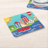 Segelboot und Heißluftballon mit Stadtbild Rechteckiger Pappuntersetzer (angewinkelt)