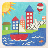 Segelboot und Heißluftballon mit Stadtbild Rechteckiger Pappuntersetzer (Vorderseite)