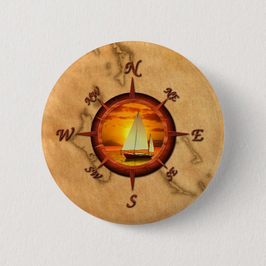 Segelboot-und Kompass-Rose Button (Vorderseite)