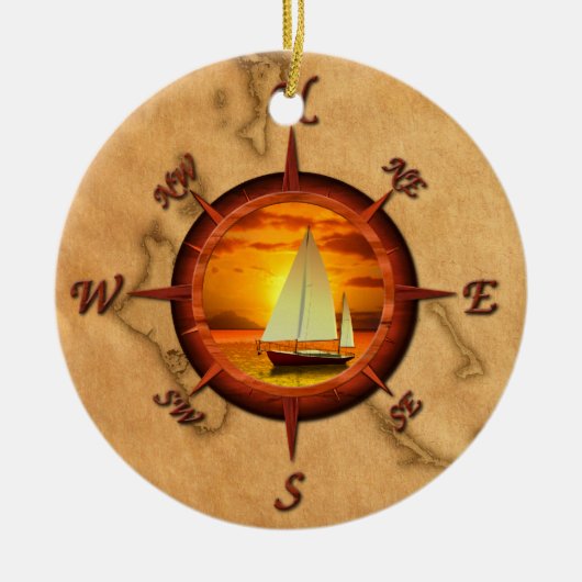 Segelboot-und Kompass-Rose Keramik Ornament (Vorne)