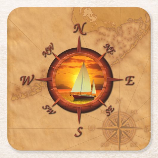 Segelboot-und Kompass-Rose Rechteckiger Pappuntersetzer (Vorderseite)