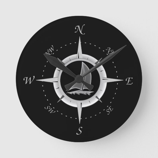 Segelboot-und Kompass-Rose Runde Wanduhr (Vorderseite)