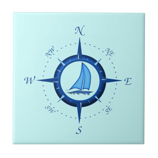 Segelboot und Kompassrose Fliese (Vorderseite)