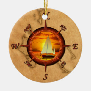 Segelboot und Kompassrose Keramik Ornament