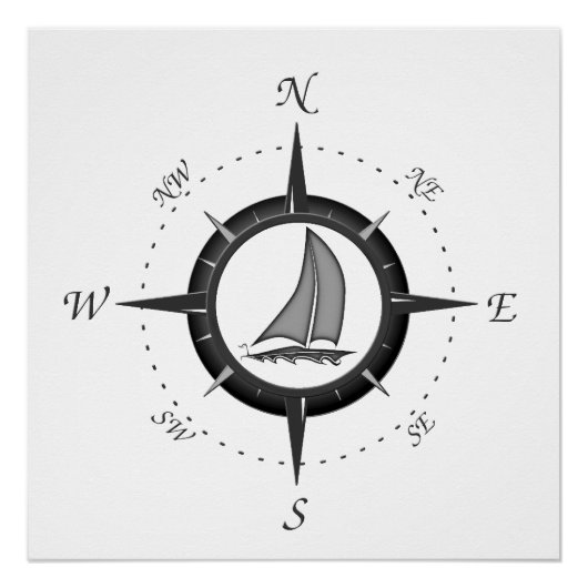 Segelboot und Kompassrose Poster (Vorderseite)