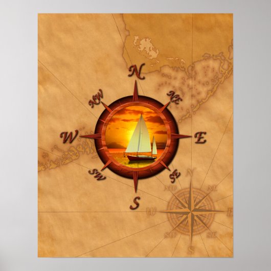 Segelboot und Kompassrose Poster (Vorne)