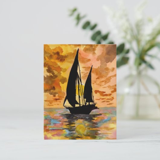 Segelboot und Ocean Sunset Postkarte (Stehend Vorderseite)