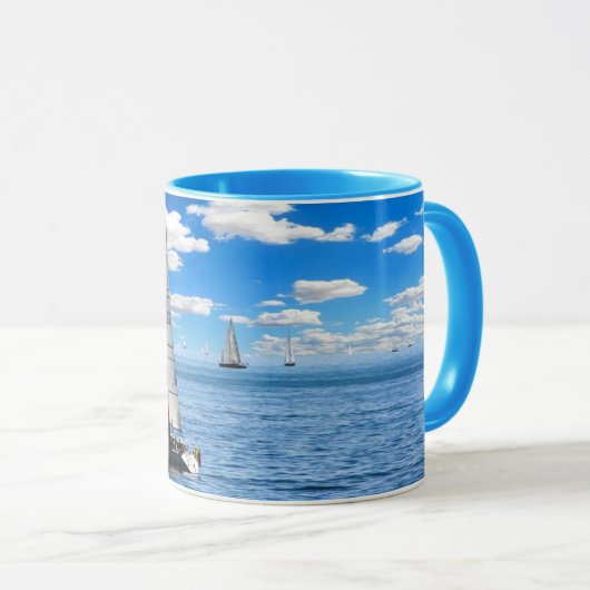 Segelboot-und Ozean-Ansicht-blaue Kaffee-Tasse Tasse (VorderseiteRechts)