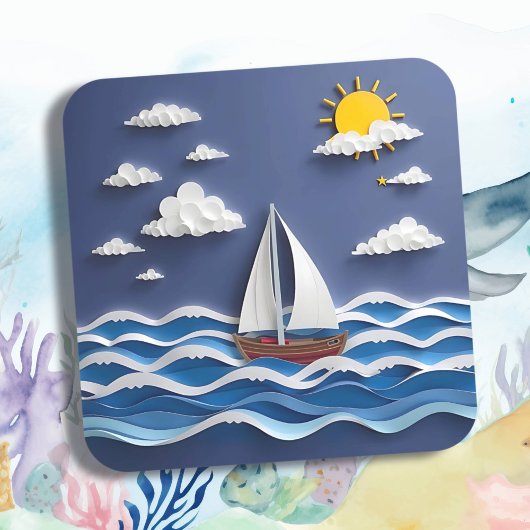 Segelboot und Sonnenschein | Papierbearbeitung Quadratischer Aufkleber