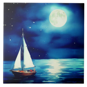 Segelboot unter Vollmond Fliese