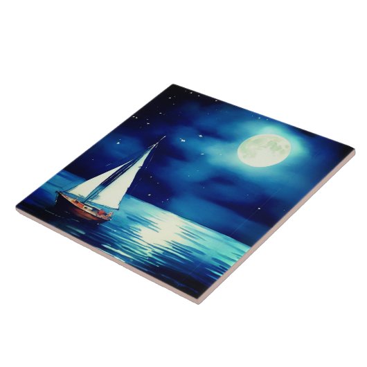 Segelboot unter Vollmond Fliese (Seite)
