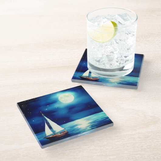 Segelboot unter Vollmond Glasuntersetzer (Schrägansicht)