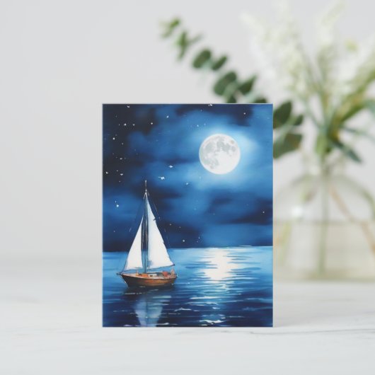 Segelboot unter Vollmond Postkarte (Stehend Vorderseite)