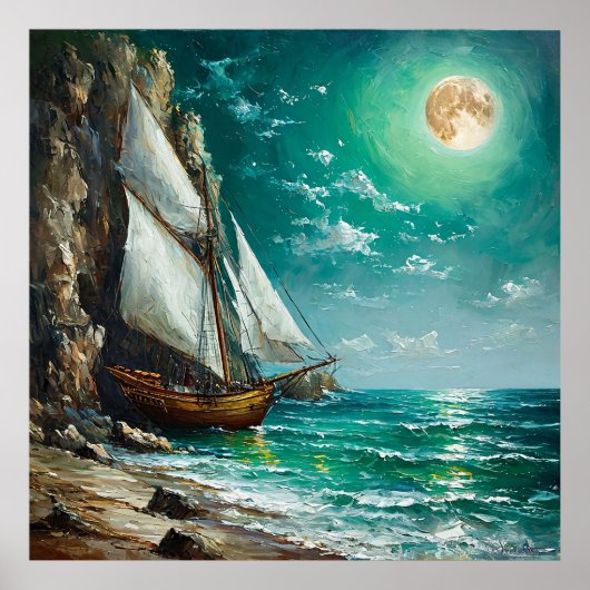 Segelboot verankert in der Nähe felsiger Klippen Poster (Vorne)