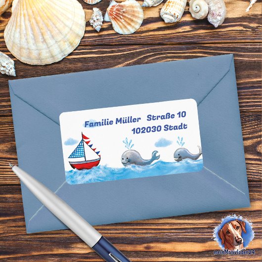 Segelboot & Wale - handgemalt | maritimer Adressaufkleber