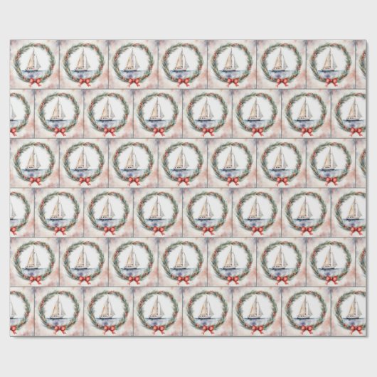 Segelboot Wasserfarbe in einem Weihnachtskranz Geschenkpapier (Flach)