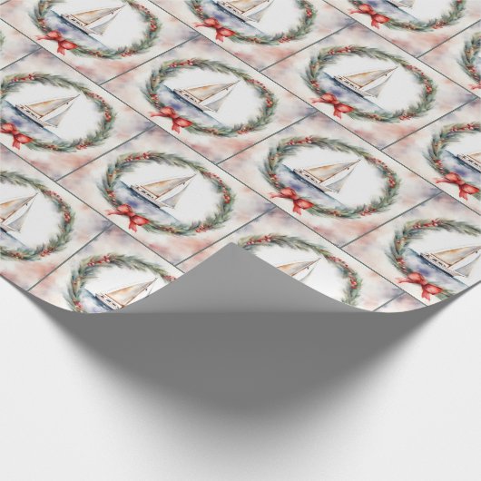 Segelboot Wasserfarbe in einem Weihnachtskranz Geschenkpapier (Ecke)