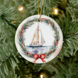 Segelboot Wasserfarbe in einem Weihnachtskranz Keramik Ornament