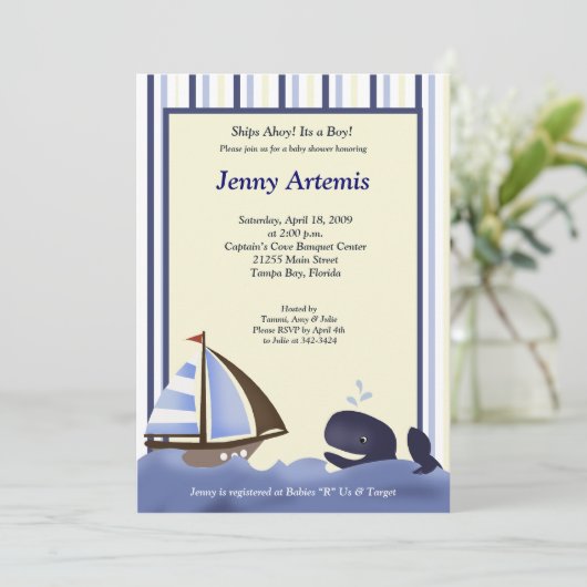 Segelboot Wasserschiff Kinderdusche 12x18 Einladung (Stehend Vorderseite)