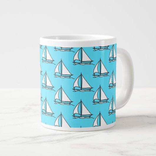 Segelboote auf blauem Seemuster Jumbo-Tasse (Vorderseite Rechts)