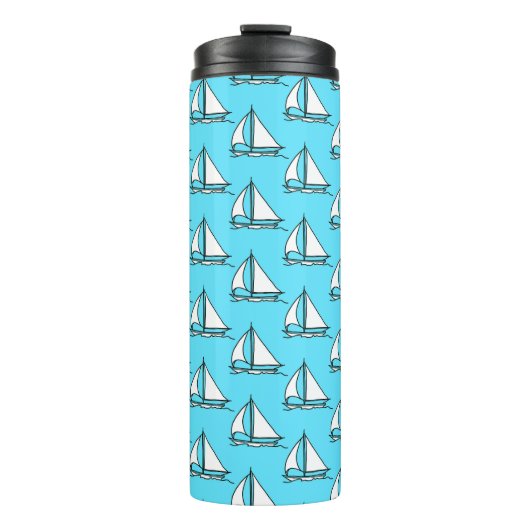 Segelboote auf blauem Seemuster Thermosbecher (Vorderseite)