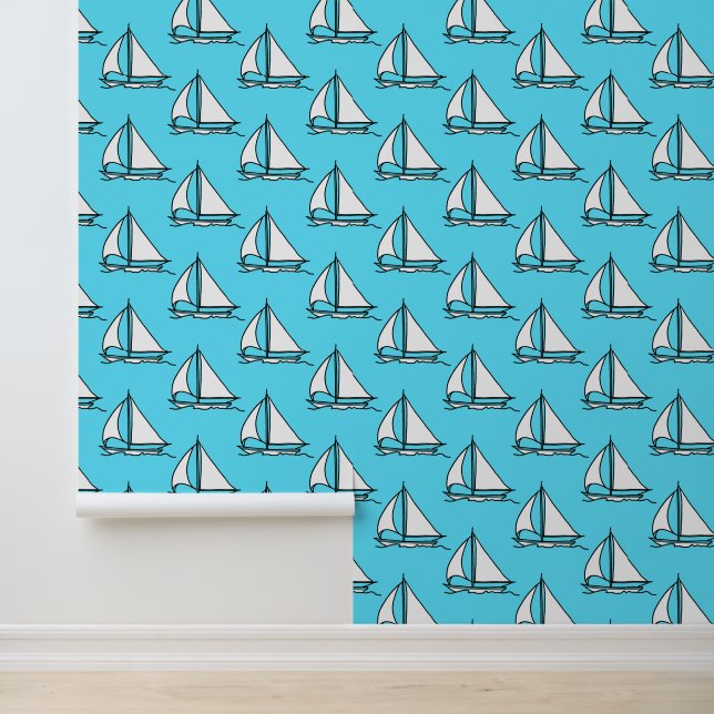 Segelboote auf Blaumeer-Muster Tapete (Anwendung)