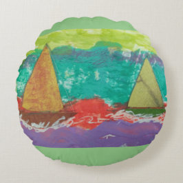 Segelboote auf Lila Wasser Rundkissen Rundes Kissen
