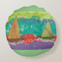 Segelboote auf Lila Wasser Rundkissen Rundes Kissen