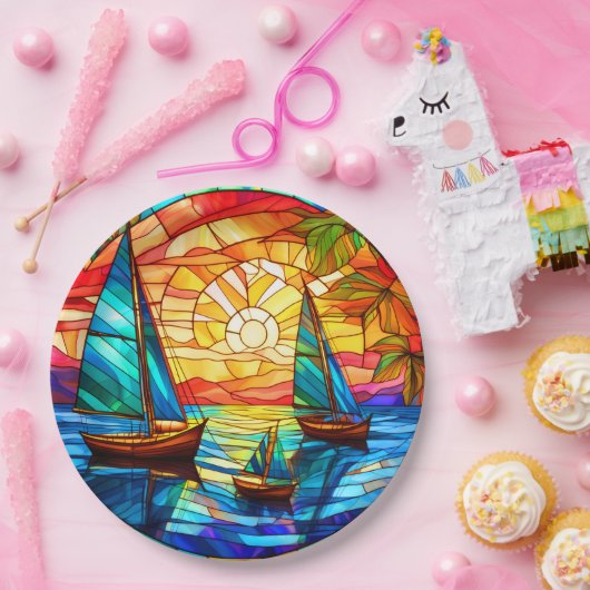 Segelboote bei Sonnenuntergang Pappteller (Party)